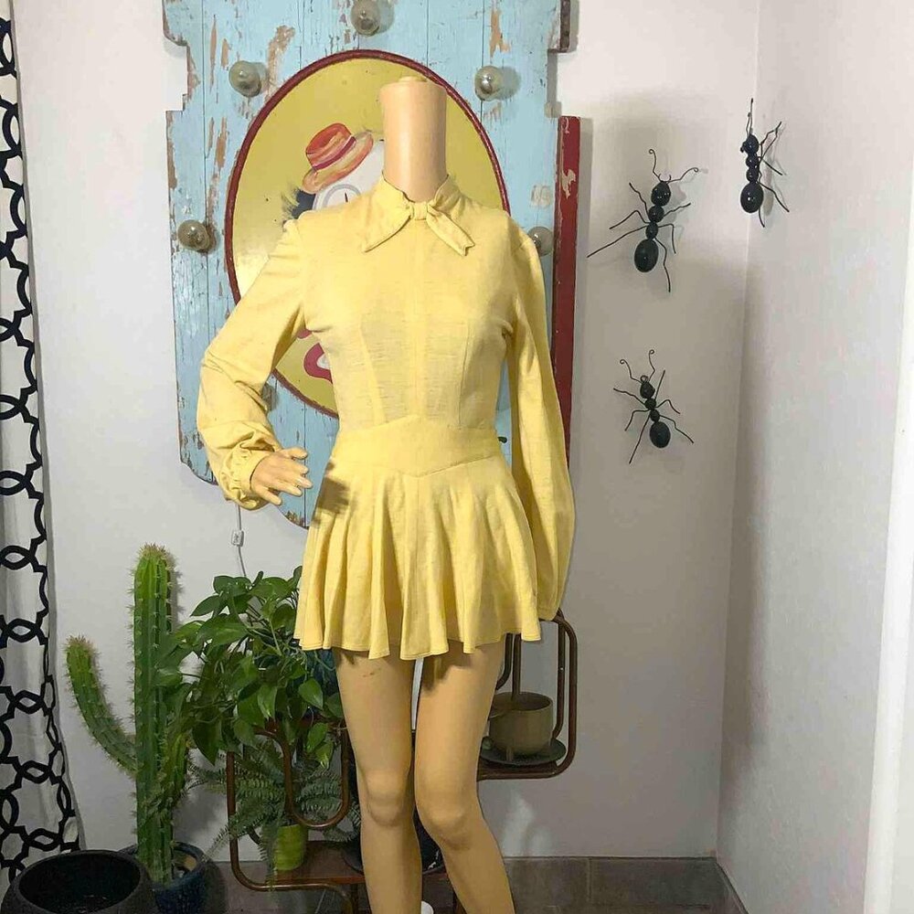 Vintage 1960s Homemade Fantastic Canary Yellow Long Sleeve Playsuit micro dress